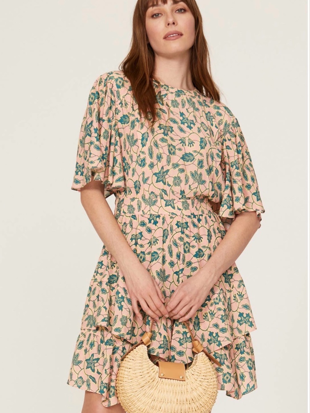 Derek Lam Floral Peach Green Tiered Flutter-Sleeve Dress